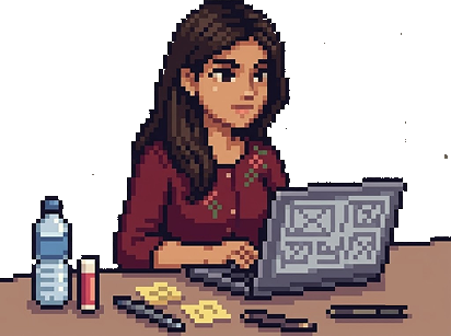 Pixel illustration of Rucha working at her desk, looking up from her laptop