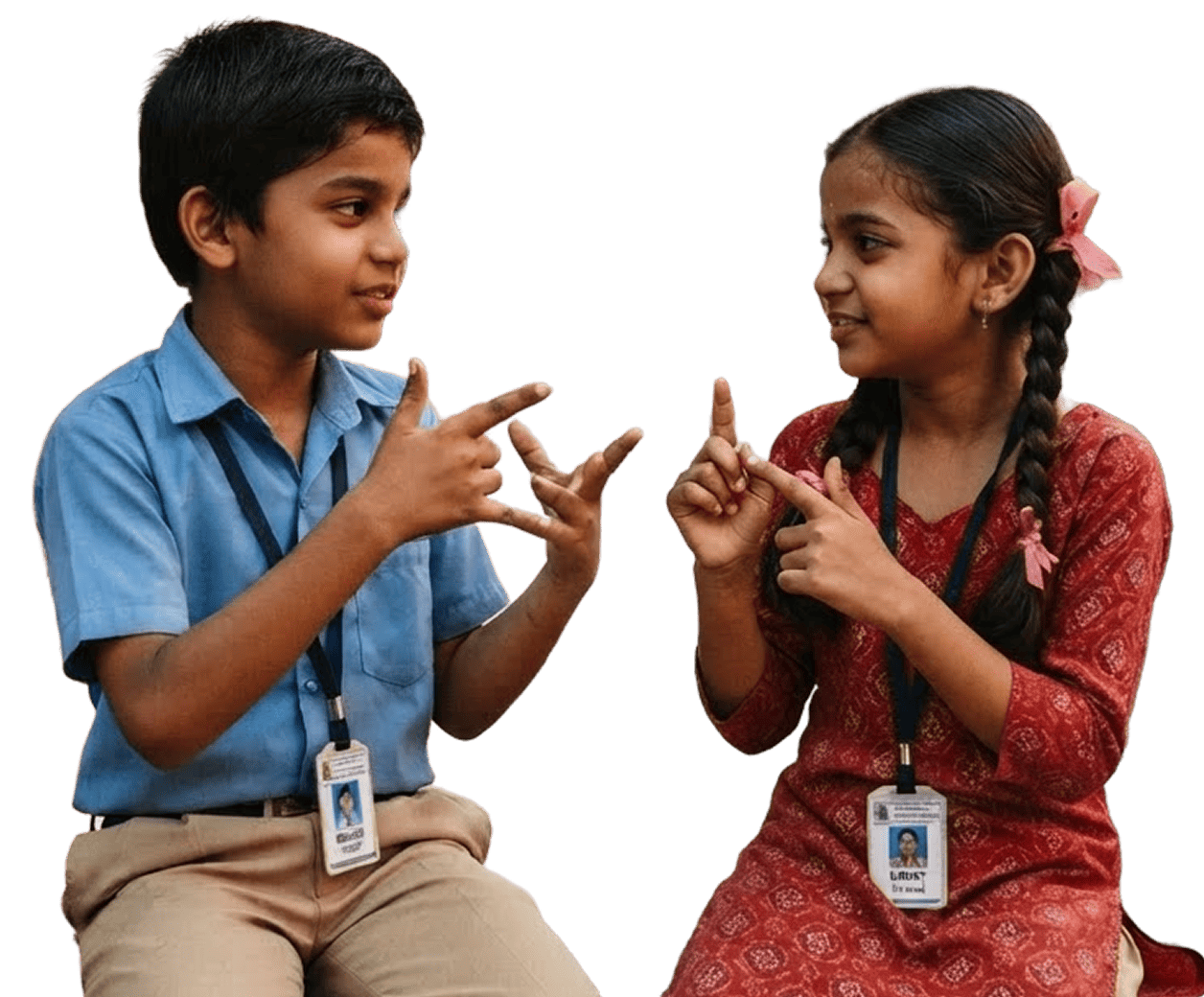 Two children communicating in sign language