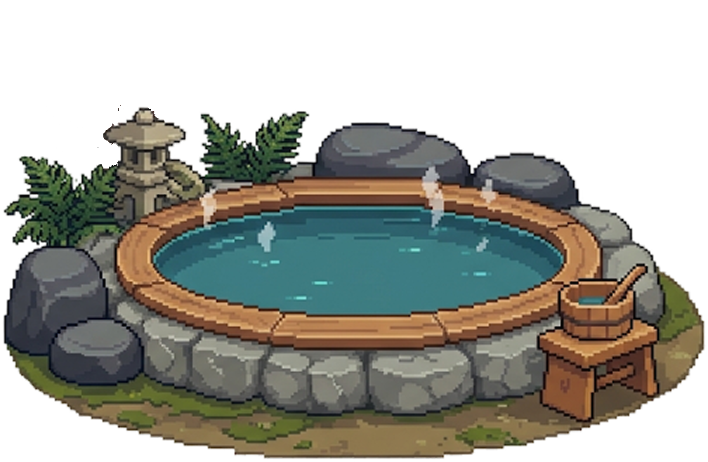 A pixel-art outdoor onsen with a stone lantern and a small maple tree