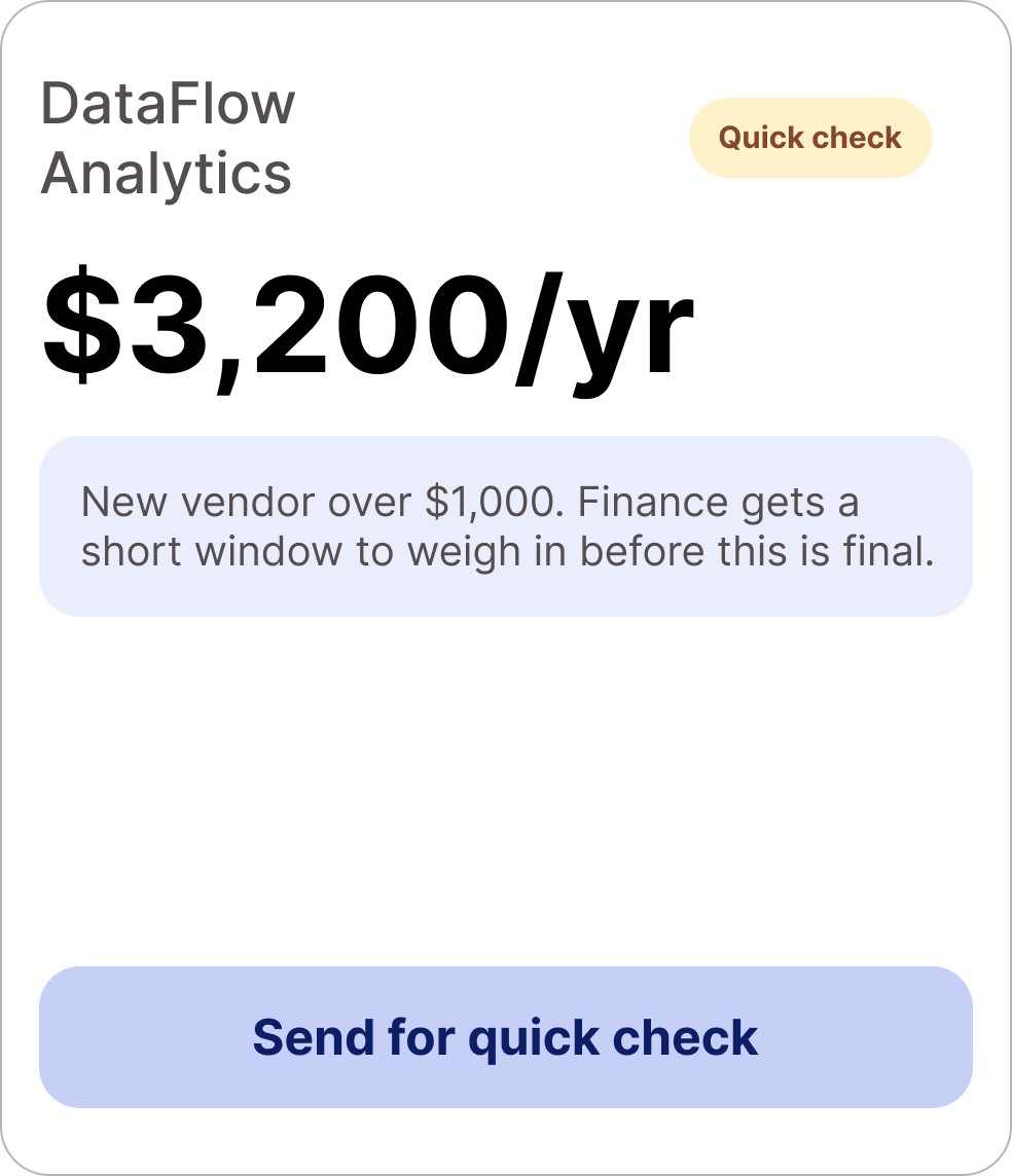 Purchase screen: over-threshold DataFlow Analytics, send for quick check